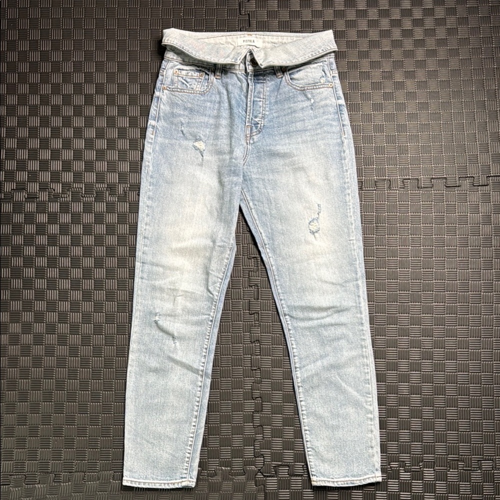 Pistola Blue Straight Jeans with High-Rise Waist and Distressed Look